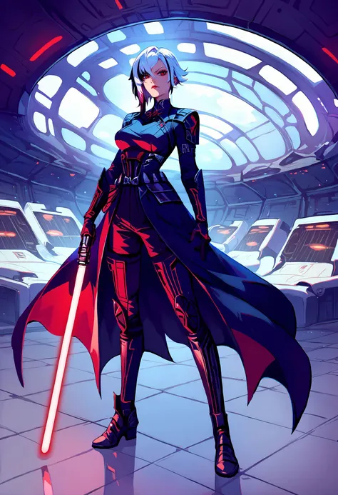 score_9,score_8_up,score_7_up,1girl,arlecchino gi,solo,female focus,x-shapped pupils,white hair,short hair,Darth Vader,full body,boots,looking at viewer,black armor,breasts,star wars,red lightsaber,indoors,space station,sci-fi,,<lora:arlecchino xl pd:0.85>