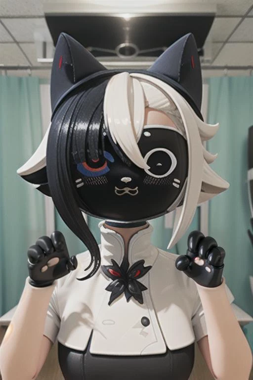 <lora:kerfusv1.4:1>, kerfus, female, robot, anthro,white tail, robot joints, <lora:arlecchino-v2:0.8>, Arlecchino(genshin impact), multicolored hair, black hair, symbol-shaped pupils, short hair, streaked hair, fur trim, black eyes, hair between eyes, red pupils, BREAK,Attending an important meeting at work,paw pose,Christ the Redeemer,style by Irving Penn,Anaglyph 3d Photography,Micro Photography,Moonlight
