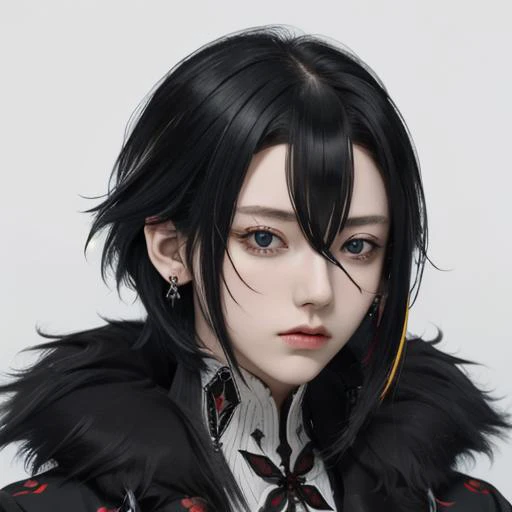 <lora:arlecchino-v2:1>Arlecchino(genshin impact), x shaped pupils, 1girl, solo, black hair, multicolored hair, fur trim, red pupils, x-shaped pupils, symbol-shaped pupils, short hair, white hair, hair between eyes, upper body, streaked hair, fur-trimmed coat, jewelry, earrings, black eyes, bangs