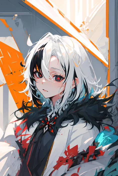 <lora:arlecchino:0.9>, arlecchino(genshin impact), 1girl, solo, x-shaped pupils, multicolored hair, black hair, symbol-shaped pupils, looking at viewer, short hair, streaked hair, fur trim, black eyes, hair between eyes, red pupils, bangs