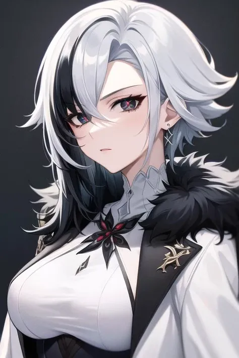 <lora:arlecchino:1>, arlecchino(genshin impact),
x-shaped pupils, black eyes, red pupils, short hair, (white hair), hair between eyes, earrings, black hair, multicolored hair, streaked hair, bangs,
fur trim, fur-trimmed coat, jewelry,
((white coat)),
1girl, solo,
((arms at sides)),
white background,
(best quality), ((masterpiece)), (highres), original, extremely detailed wallpaper,shiny, chromatic aberration abuse, detailed background, vivid color, (highly ultra detailed face and hair and skin and eyes and finger and cloth and background and hair:1.2),