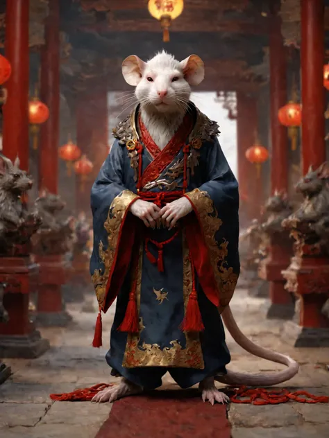 Chinese style cultivating immortals, 4K CG realistic style, a Chinese monster humanoid Rat, thin and cunning, full body, Chinese Hall of Principalities