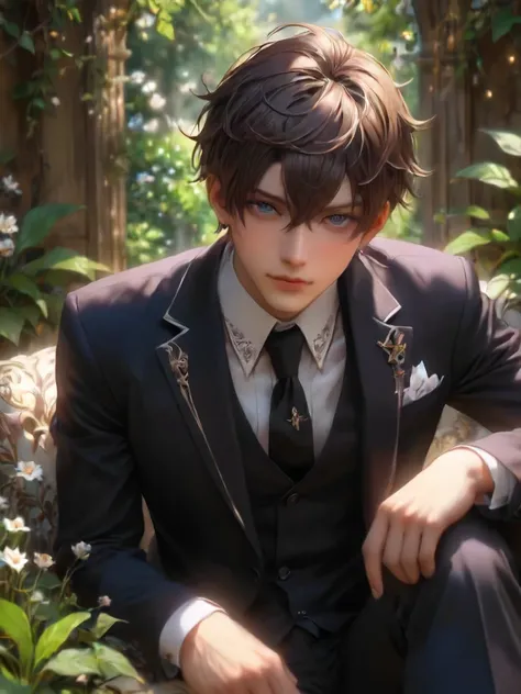 (((masterpiece))) , (((best quality))) , anime style, 2d, Fantastical Fae thin (beautiful 1boy, solo:1.1) Landscaping, wearing suit, his suit is very large, Laying down, key visual, gorgeous, beautiful elegant, highly decorated, striking, fertile, glossy