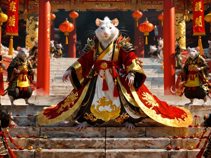 Chinese style cultivating immortals, 4K CG realistic style, a Chinese monster humanoid Rat, thin and cunning, full body, on the steps before the Chinese Hall of Principalities, in beautiful white and amber garb, three monster humanoid Rat Samurai in black armor await him in the square below, each standing at attention, a blood red and gold banner in hand.