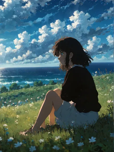 Black. Ultra High Definition,80s aesthatic anime ,(chromatic abberation)(faded colors)outlines,studio ghibli,a girl sitting on a grassfield,back against the viewer,looking at the ocean,white clouds,deep blue ocean,anime bloom effect,soft lighting,CG particles effect 4K resolution