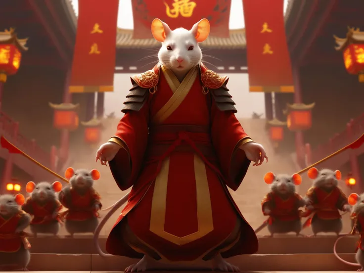 Chinese style cultivating immortals, 4K CG realistic style, a Chinese monster humanoid Rat, thin and cunning, full body, on the steps before the Chinese Hall of Principalities, three monster humanoid Mice Samurai, await him in the square below- each standing at attention, a blood red and gold banner in hand.
