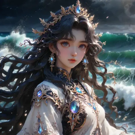 Black, Ultra High Definition, vhs-quality, (chromatic aberration) (faded colors) outlines, bloom effect, soft lighting, CG particles effect, 4K resolution, detailed pupils, female person, BREAK portrait, looking away, solo, (full body:0.6), detailed background, close up, shining (<lora:RomanPunkAI:0.6> romanpunkai, old, theme:1.1), divine deity of water, surrounded by waves, ocean in background, fantasy dark blue coral style armor, dark hair, seaweed in hair, sea foam, huge waves crashing, (black cliffs:0.9), majestic divine atmosphere, bright light, holy aura, bloom, halo above head, divine light, white clothes, blessing, relaxed composure,
