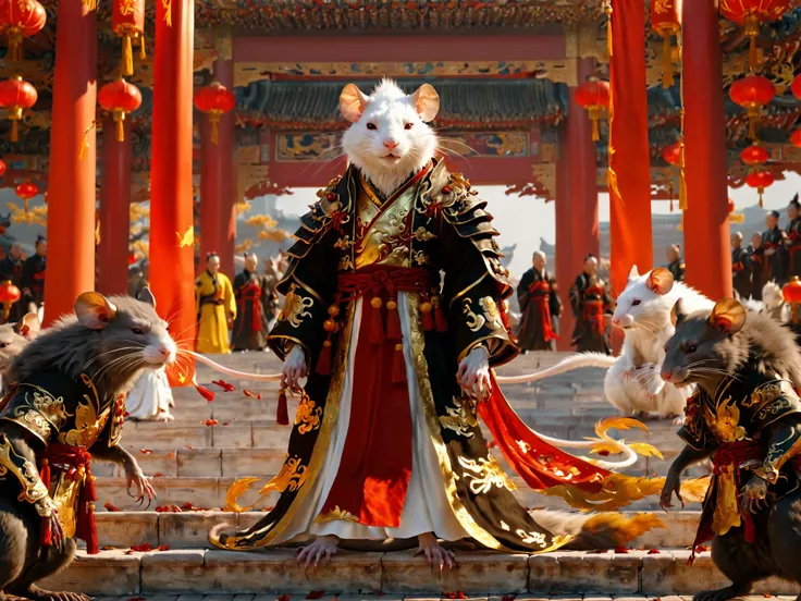 Chinese style cultivating immortals, 4K CG realistic style, a Chinese monster humanoid Rat, thin and cunning, full body, on the steps before the Chinese Hall of Principalities, in beautiful white and amber garb, three monster humanoid Rat Samurai in black armor await him in the square below, each standing at attention, a blood red and gold banner in hand.