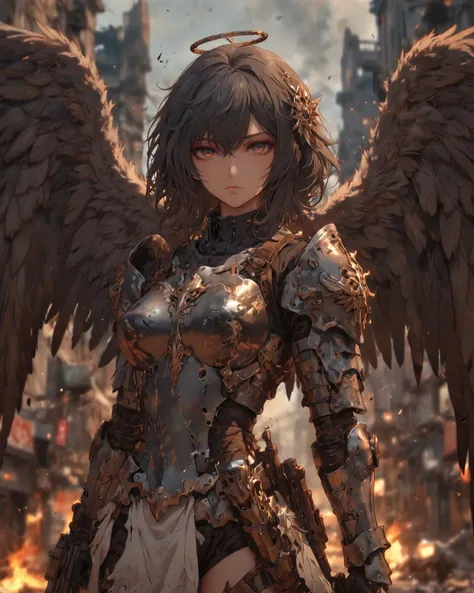 Dystopian style anime artwork saintly female warrior with angel wings, futuristic plate armor, (holding a big pistol), grim dark, anime style, key visual, vibrant, studio anime, highly detailed . Bleak, post-apocalyptic, somber, dramatic, highly detailed
