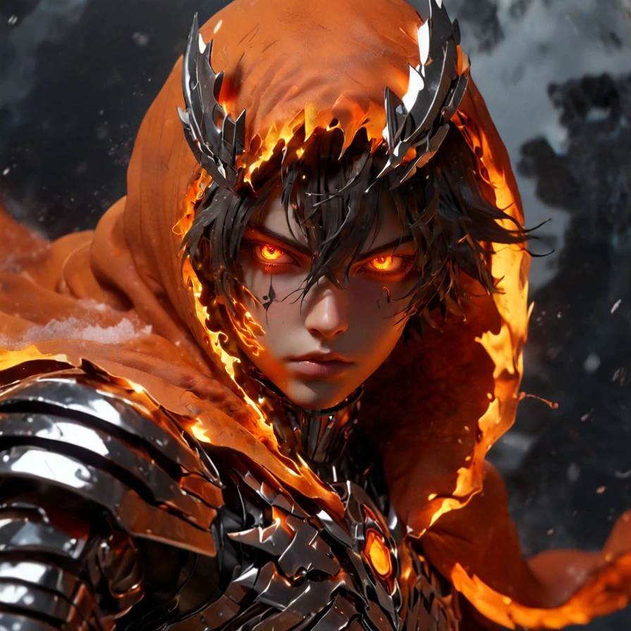 character focus, male character artwork for RPGs, microgeometry, subsurface scattering, <lora:EnvyDynamicPoseXL01:0.7>, BREAK solo, half shot, detailed background, detailed face, (<lora:Chrome_Tech_XL:0.6>, scifi, chrome, metallic, chrometech theme:1.1),orange winter warrior, (glowing eyes:1.05), determination, guardian, dynamic pose, cloak, magical crystalline pendant, frozen insignia surrounded by magical aura, snow crystals, arctic winter, cold steel, stormy background, glistening ice, in background low light, dark night, cinematic atmosphere,