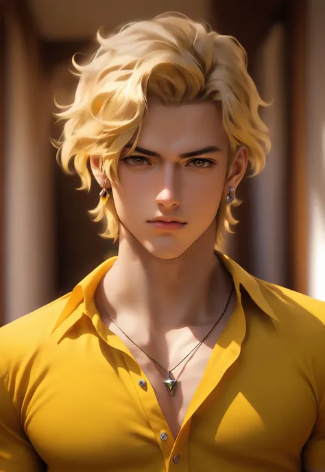 i want the whole image to be created in 3D anime style, solo, looking at viewer, blonde hair, shirt, 1boy, jewelry, collarbone, upper body, male focus, earrings, collared shirt, necklace, blurry, lips, depth of field, pectorals, portrait, pendant, yellow shirt, realistic, birthmark, dio brando