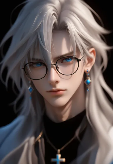 i want the whole image to be created in 3D anime style, solo, long hair, looking at viewer, blue eyes, simple background, 1boy, jewelry, closed mouth, white hair, male focus, earrings, glasses, blurry, lips, cross, portrait, black-framed eyewear, realistic, cross earrings