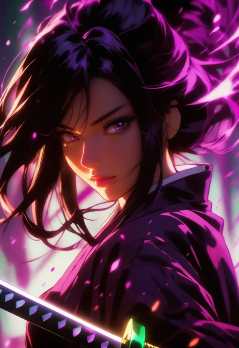 In the style of kawacy, manga style, colourful, pop, flowing energy, vivid, bold outlines, heavy black ink, ultra fine detail, expressive style, best quality, lighting, depth of field, a fashion model woman welding a katana, stunning portrait, woman looking at viewer, green and purple hues, 8k