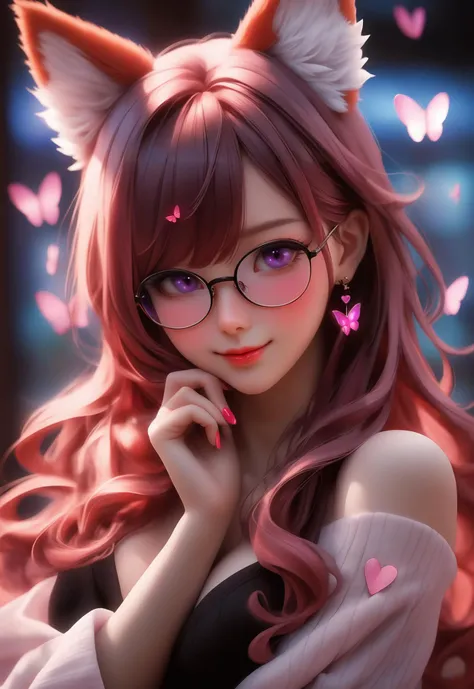masterpiece, best quality, Lofi portrait, surreal, digital painting, HDR, Pixar style Painting by Joe Fenton, Stanley Artgerm, Tom Bagshaw, Tim Burton, sideways glance, foreshortening, extremely detailed 8K, high resolution, ultra quality, highly detail eyes, highly detail mouth, highly detailed face, perfect eyes, both eyes are the same, hd, 8k, 1girl, solo, long hair, breasts, looking at viewer, blush, smile, bangs, hair ornament, animal ears, hair between eyes, bare shoulders, jewelry, purple eyes, upper body, pink hair, flower, heart, earrings, parted lips, detached sleeves, one eye closed, japanese clothes, grin, blurry, fox ears, depth of field, blurry background, pink nails, heart hands, yae miko, a girl,There are many butterflies on the face,futuristic,One hand covers part of the face,close-up,Brilliant fantasy colors,laser aesthetic,soft glowing,stunning,impasto,2D digital artwork, comic,animelaser transparent pvc texture,prism,gorgeoussacred beautiful girl,Acrylic paint, butterfly, resting on the face, brilliant colors, thick coating, 1girl, breasts, blush, skirt, large breasts, 1boy, cleavage, closed eyes, ass, hetero, pantyhose, thighs, red hair, penis, glasses, solo focus, black skirt, sweater, oral, sunglasses, bent over, fellatio, all fours, ribbed sweater, black-framed eyewear, mature female, white sweater, 3D animation, skin texture, detailed hair, portrait