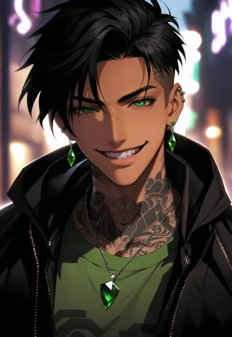 i want the whole image to be created in 3D anime style, solo, looking at viewer, smile, short hair, shirt, black hair, 1boy, jewelry, green eyes, jacket, upper body, male focus, earrings, teeth, dark skin, necklace, grin, black jacket, tattoo, piercing, dark-skinned male, gem, ear piercing, portrait, undercut, neck tattoo