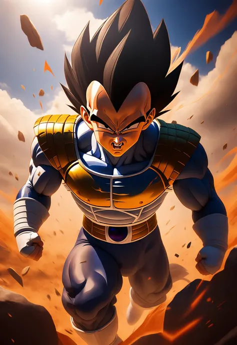 Anime style, panorama, Dragon ball character Vegeta after defeating the enemy stepped on the enemy, a victorious posture