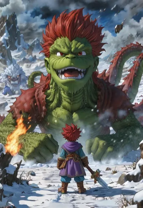 A scene from Dragon Quest, with a red haired boy in the center fighting against a giant green monster on a snow field and a small girl dressed in purple holding a fire sword standing next to him, drawn in the style of Yoshitaka Amano