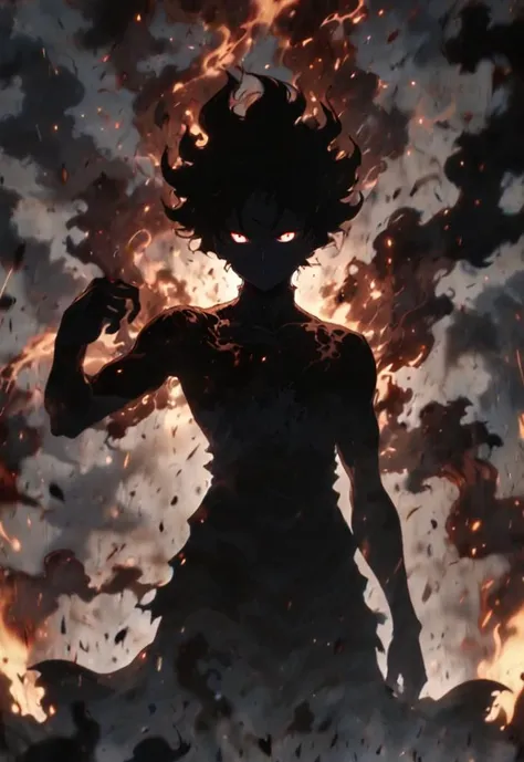 Black. Ultra High Definition. J horror anime style. A anime demon standing in the air, featuring black smoke, navy and light black styles, superheroes, anime gifts, chaotic forms, shadow masters, multi-level characters, and close-up intensity. 4K resolution