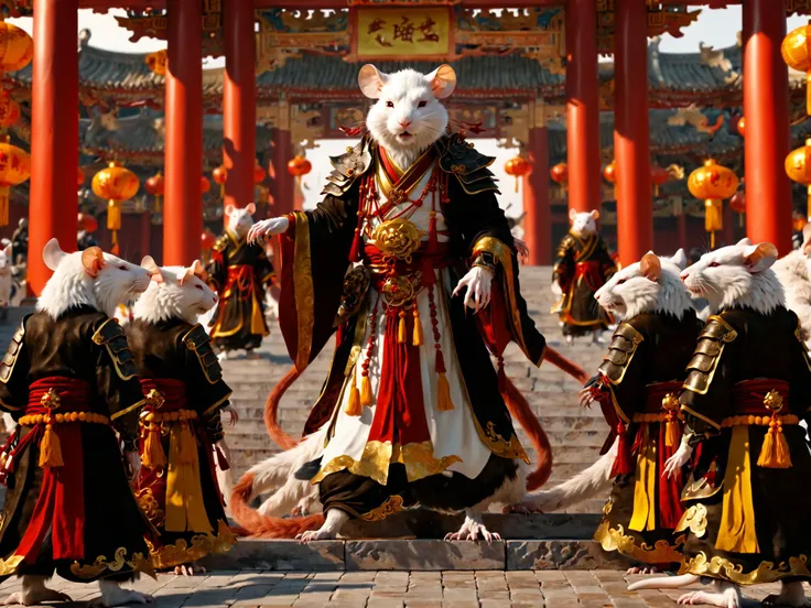 Chinese style cultivating immortals, 4K CG realistic style, a Chinese monster humanoid Rat, thin and cunning, full body, on the steps before the Chinese Hall of Principalities, in beautiful white and amber garb, three monster humanoid Rat Samurai in black armor await him in the square below, each standing at attention, a blood red and gold banner in hand.