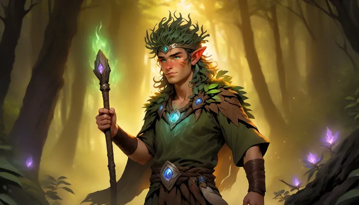 <lora:magical_vibrance_XL:1> <lora:DarkestDungeonSDXL:0.2> ddstyle (masterpiece, top quality, best quality, official art, beautiful and aesthetic:1.2), Digital painting depicting a fantasy druid boy adorned in nature-themed attire, exuding power and magic amidst the enchanting backdrop of an ancient forest grove. His confident stance and mystical aura should captivate the viewer, while the vibrant colors and detailed rendering bring the magical scene to life. The artwork should evoke a sense of wonder and awe, drawing the viewer into the fantastical world of the druid.