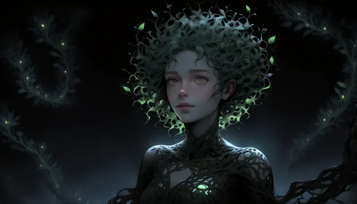 <lora:magical_vibrance_XL:1> <lora:DarkestDungeonSDXL:0.2> ddstyle (details in in ultra HD quality), (masterpiece, best quality), (masterpiece, top quality, best quality, official art, beautiful and aesthetic:1.2), (1girl), tree girl, hair made of vines, (perfect face), (night:1.3), extremely detailed, (fractal art:1.2), ((ultra realistic details)), highest detailed, shadows, intricate, facing camera, (short curly green hair), dress made of vines, glowing eyes, wooden body, wooden limbs, branches, roots, vines, spriggan, forest creature, leaves, forest, full body, green skin, person made of plants, colorful, goddess, ((fireflies))