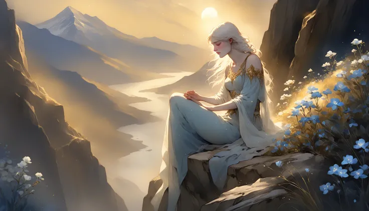 <lora:magical_vibrance_XL:1> <lora:DarkestDungeonSDXL:0.2> ddstyle (masterpiece, top quality, best quality, official art, beautiful and aesthetic:1.2), landscape, pretty visuals, alabaster skin, barely visible pale woman, sparkling, enchanted, delicate paint, mountain, great vibe, blue shy, watercolor, white flowers, marble, gold paint, highly detailed, digital painting, smooth, sharp focus, gtgraphics, illustration, art by kenji gonzales, art by agnes cecile, natalia fabia, mucha, artgerm, 8k, professional