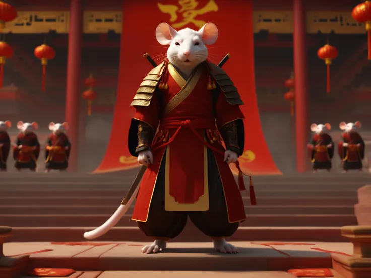 Chinese style cultivating immortals, 4K CG realistic style, a Chinese monster humanoid Rat, thin and cunning, full body, on the steps before the Chinese Hall of Principalities, three monster humanoid Mice Samurai, await him in the square below- each standing at attention, a blood red and gold banner in hand.