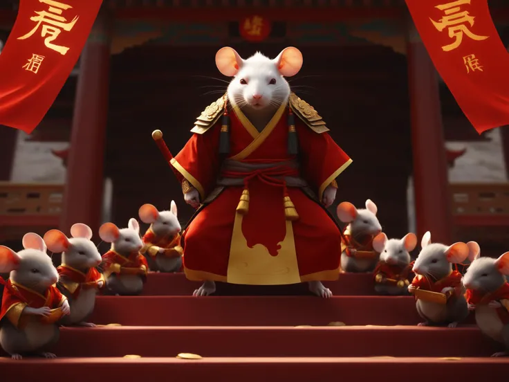 Chinese style cultivating immortals, 4K CG realistic style, a Chinese monster humanoid Rat, thin and cunning, full body, on the steps before the Chinese Hall of Principalities, three monster humanoid Mice Samurai, await him in the square below- each standing at attention, a blood red and gold banner in hand.