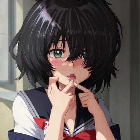 Urabe, black serafuku, anime, masterpiece, best quality, hair over eyes, finger to mouth, saliva, green eyes