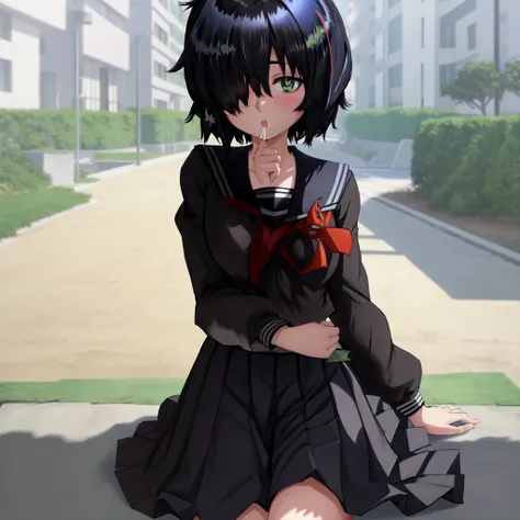 Urabe, (black serafuku), anime, masterpiece, best quality, hair over one eye, finger to mouth, saliva, green eyes