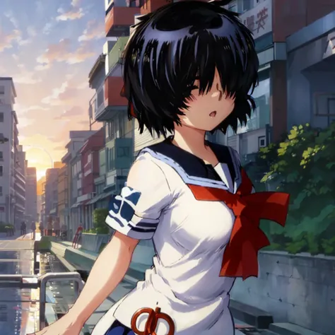 Urabe, serafuku, (hair over eyes:1.3), anime, masterpiece, best quality, tongue out, wind, sunset