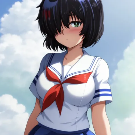 Urabe, (white serafuku), anime, masterpiece, best quality, hair over one eye, green eyes,
