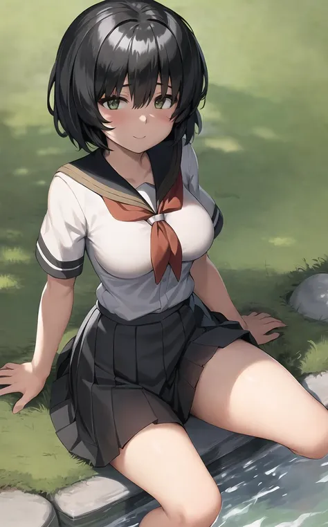 <lora:Urabe-Test11:0.7> urabe, (1girl),(solo),((school uniform)), (cute smile), green eyes, ((full body)), (medium breasts), (black skirt), (sitting on stones by creek), tree shade, nature background, high contrast, ((hair covering eyes)), black shoes, --disable-nan-check