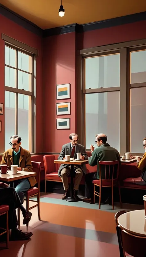 <lora:Everly Heights Comics:1> Minimalist style of a 1990s book club meeting in a cozy cafe, with patrons engrossed in their reading and sipping coffee, inspired by the works of Mark Rothko and Edward Hopper, cinematic composition, trending on artstation.
