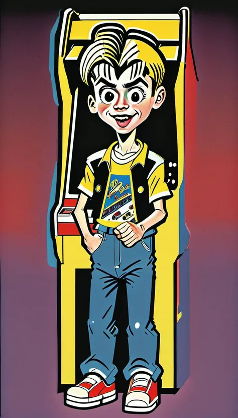 <lora:Everly Heights Comics:1> Pop Art style of a bustling 1990s arcade a teen boy playing one of the games, with vibrant neon lights and classic video game cabinets by Roy Lichtenstein and Andy Warhol, cinematic composition, trending on artstation.