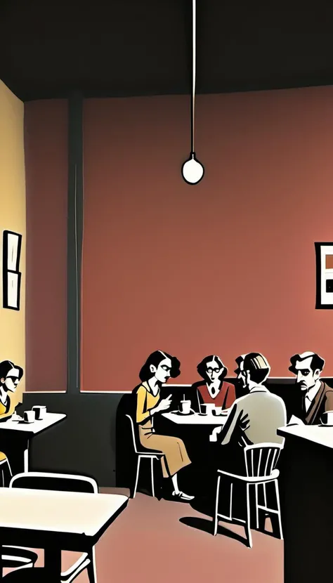 <lora:Everly Heights Comics:1> Minimalist style of a 1990s book club meeting in a cozy cafe, with patrons engrossed in their reading and sipping coffee, inspired by the works of Mark Rothko and Edward Hopper, cinematic composition, trending on artstation.