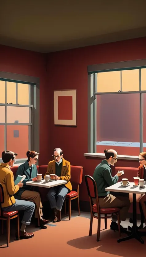 <lora:Everly Heights Comics:1> Minimalist style of a 1990s book club meeting in a cozy cafe, with patrons engrossed in their reading and sipping coffee, inspired by the works of Mark Rothko and Edward Hopper, cinematic composition, trending on artstation.