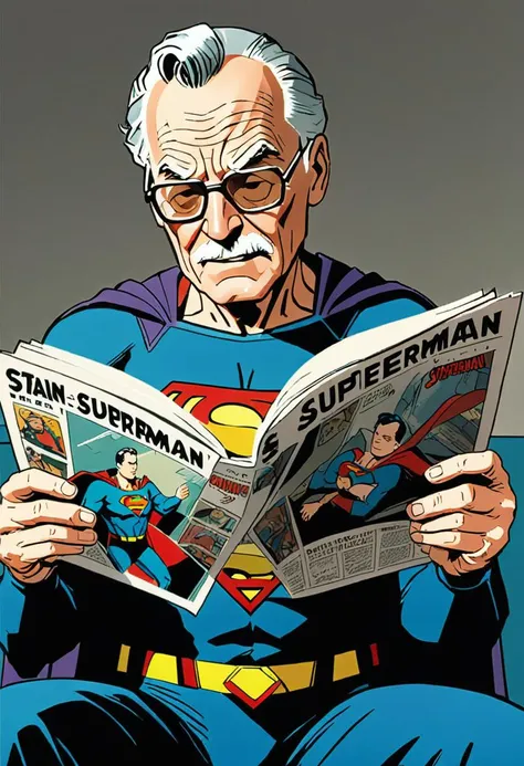 <lora:Everly Heights Comics:1> Stan Lee reading a Superman comic, cinematic composition.