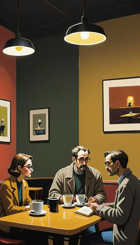 <lora:Everly Heights Comics:1> Minimalist style of a 1990s book club meeting in a cozy cafe, with patrons engrossed in their reading and sipping coffee, inspired by the works of Mark Rothko and Edward Hopper, cinematic composition, trending on artstation.