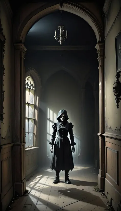 <lora:Everly Heights Comics:1> Gothic art of a shadowy figure lurking in an old Victorian mansion, cinematic composition.