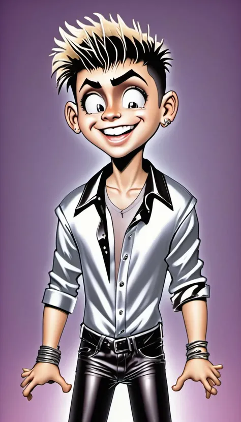 <lora:Everly Heights Comics:1> A boy-band member with frosted tips, wearing a shiny, button-down shirt open at the collar, leather pants, falls in love with himself dancing in the mirror.