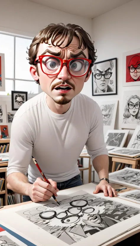 <lora:Everly Heights Comics:1> a white BillMeeks man in red glasses draws a comic book in his art studio, cinematic composition.
