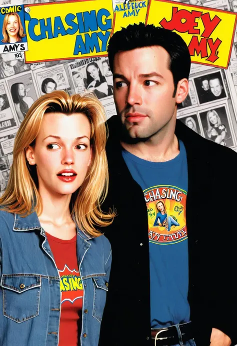 <lora:Everly Heights Comics:1> 1990s comic book cover, A scene featuring Ben Affleck and Joey Lauren Adams from Chasing Amy.