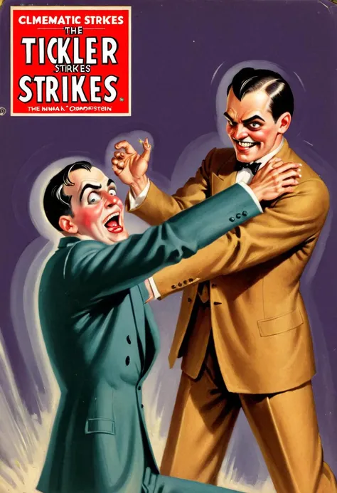 <lora:Everly Heights Comics:1> A mysterious spirit watches as a man tickles another man on a 1930s pulp magazine cover with the title "THE TICKLER STRIKES!", cinematic composition.