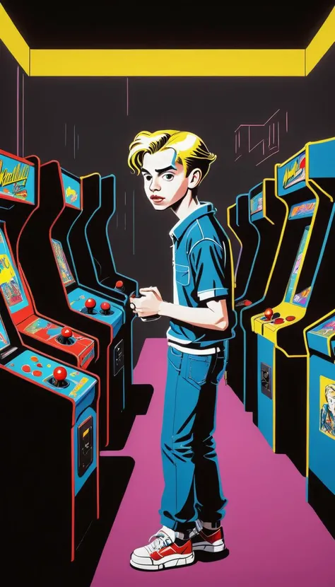 <lora:Everly Heights Comics:1> Pop Art style of a bustling 1990s arcade a teen boy playing one of the games, with vibrant neon lights and classic video game cabinets by Roy Lichtenstein and Andy Warhol, cinematic composition, trending on artstation.