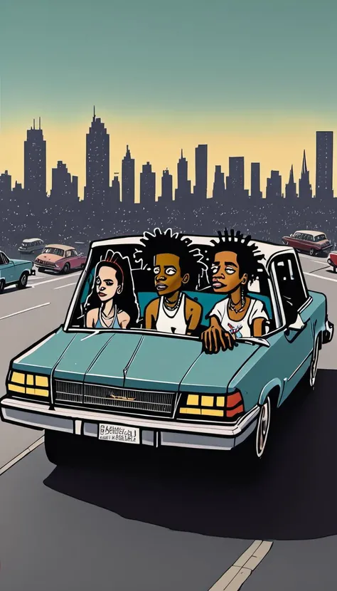 <lora:Everly Heights Comics:1> a group of 1990s friends sitting on the hood of a vintage car, sharing stories, with a city skyline in the background, inspired by the works of Jean-Michel Basquiat and Edward Hopper, cinematic composition.
