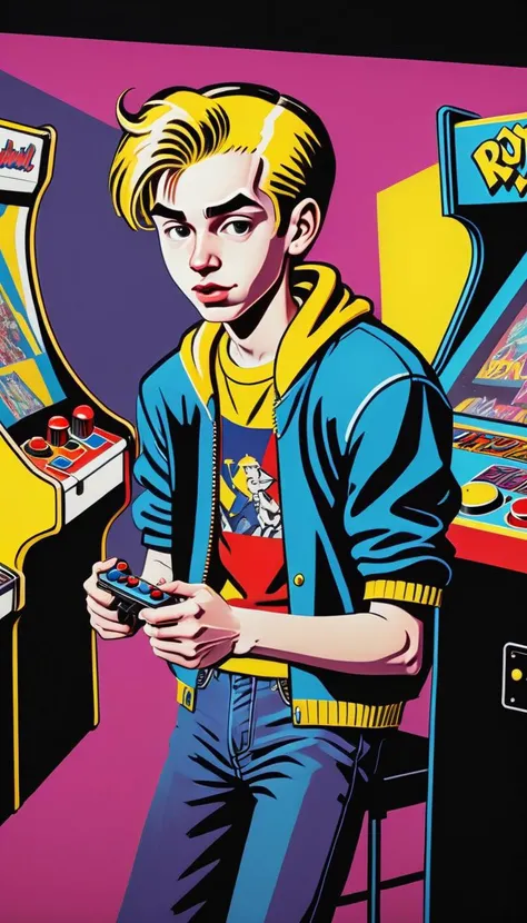 <lora:Everly Heights Comics:1> Pop Art style of a bustling 1990s arcade a teen boy playing one of the games, with vibrant neon lights and classic video game cabinets by Roy Lichtenstein and Andy Warhol, cinematic composition, trending on artstation.