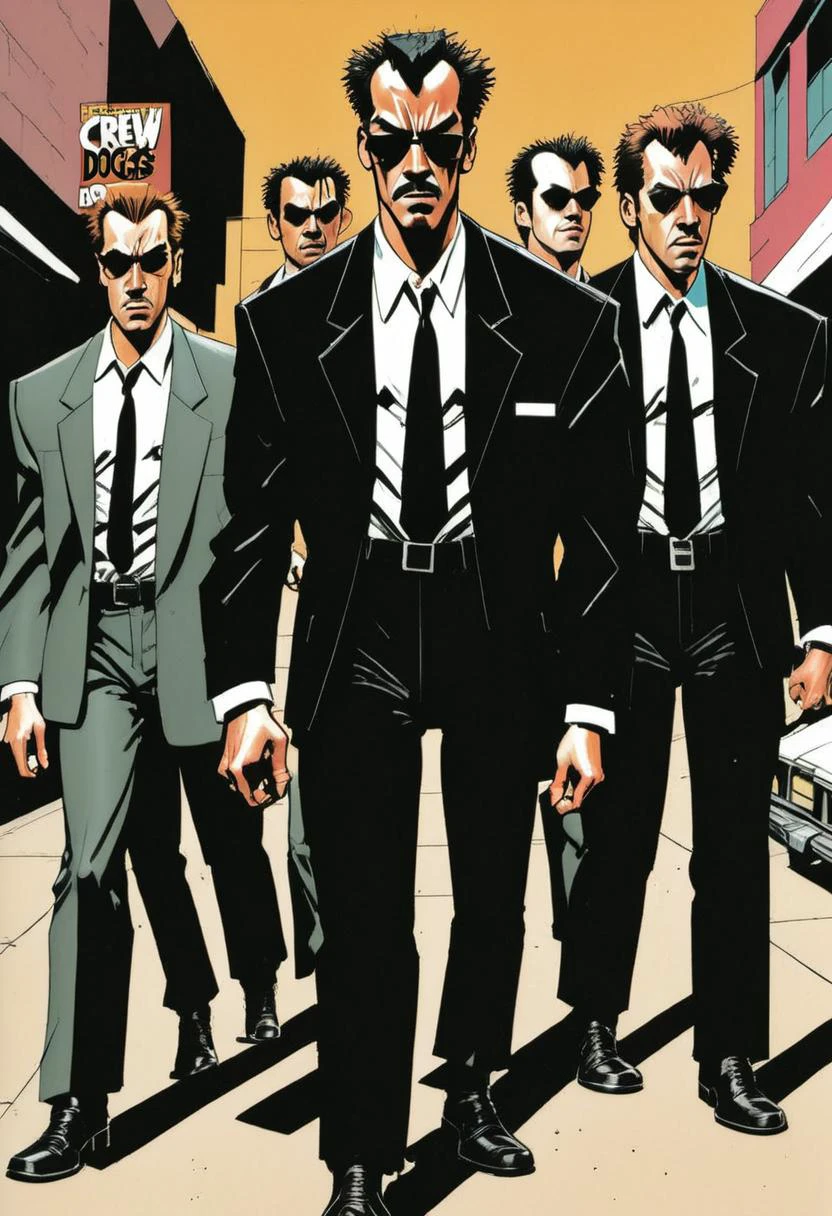 <lora:Everly Heights Comics:1> 1990s comic book cover, The crew walks down the street in Reservoir Dogs.