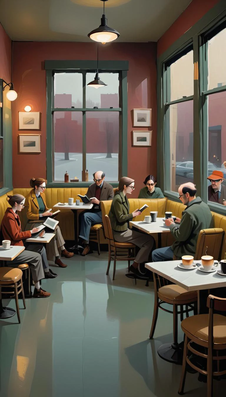 <lora:Everly Heights Comics:1> Minimalist style of a 1990s book club meeting in a cozy cafe, with patrons engrossed in their reading and sipping coffee, inspired by the works of Mark Rothko and Edward Hopper, cinematic composition, trending on artstation.