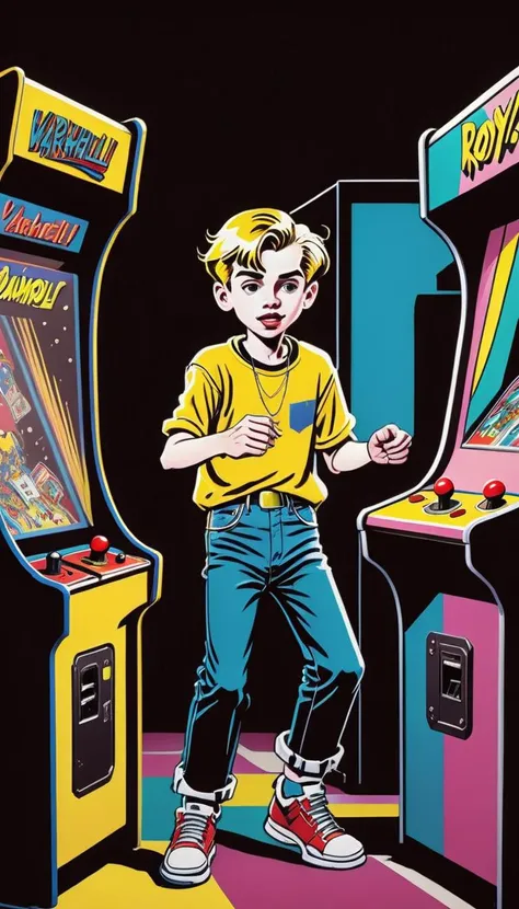 <lora:Everly Heights Comics:1> Pop Art style of a bustling 1990s arcade a teen boy playing one of the games, with vibrant neon lights and classic video game cabinets by Roy Lichtenstein and Andy Warhol, cinematic composition, trending on artstation.